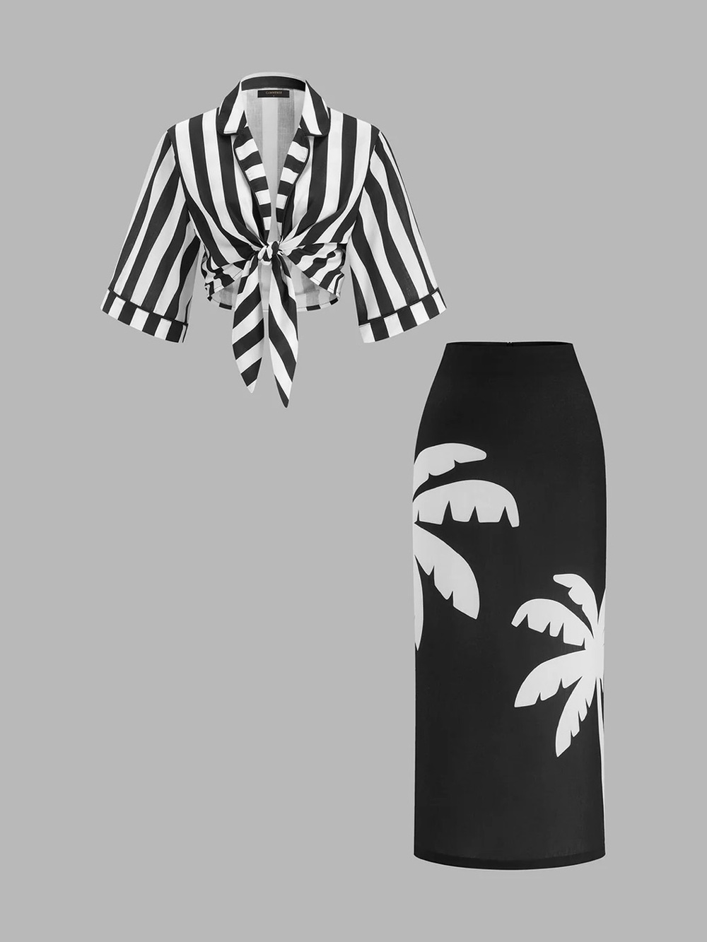 Commense Black & White Palm-Print Skirt Set Maxi NWT Med